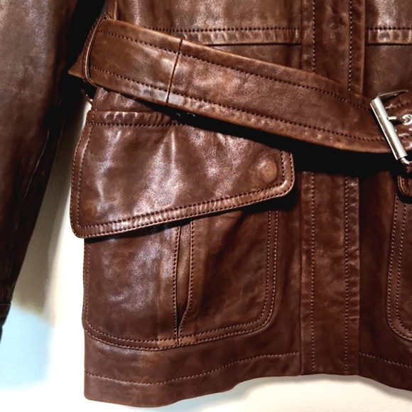 Michael Kors Genuine Leather Java Brown Belted Made in Italy Jacket Size 4 EUC!! - Picture 9 of 15